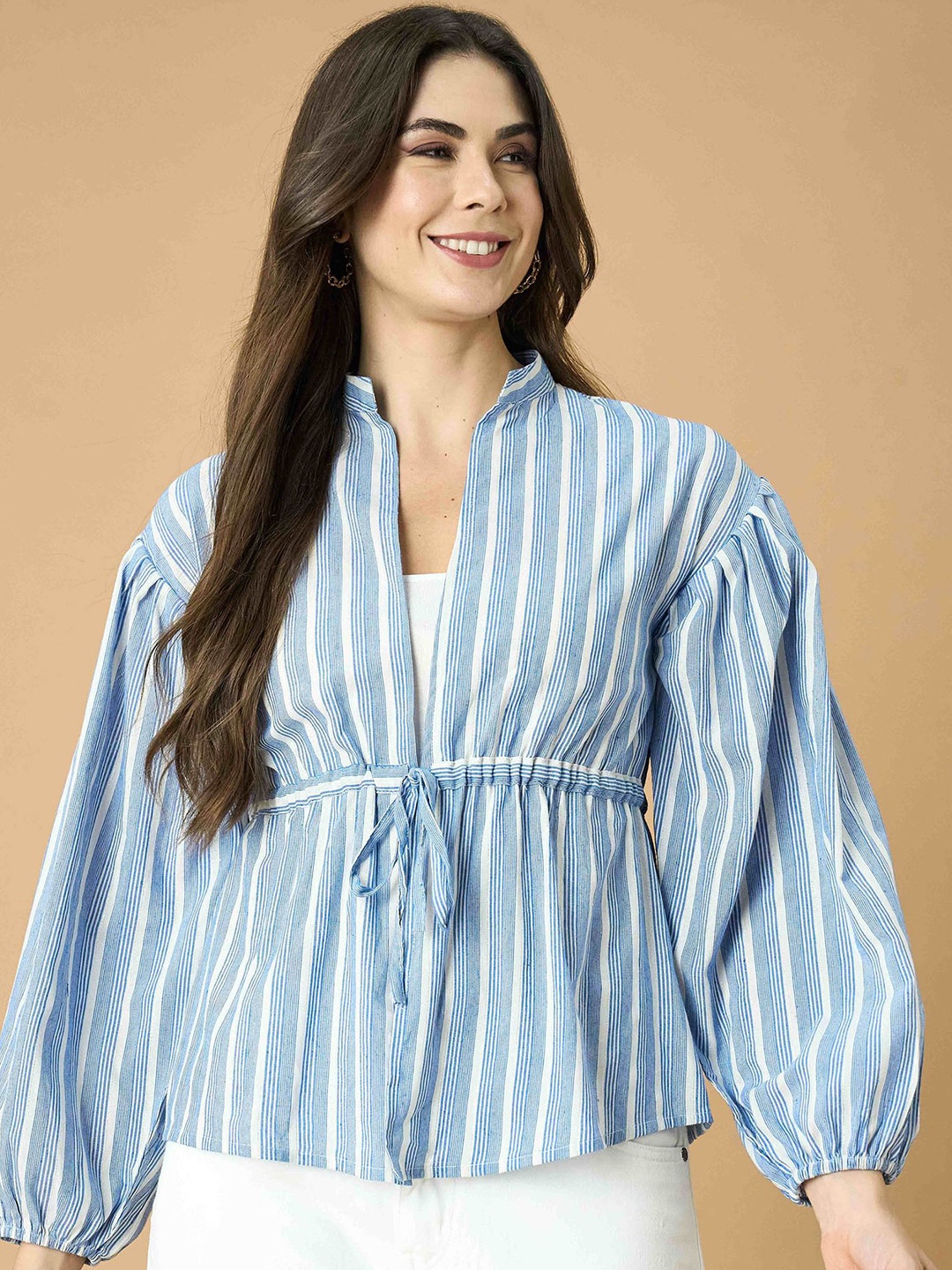 

Murcia Women Vertical Striped Mandarin Collar Pure Cotton Top, Blue