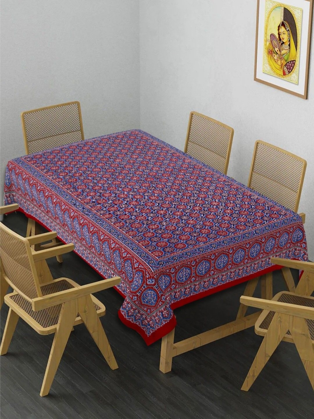 

INDHOME LIFE Blue & Red Ethnic Motifs Printed 210 TC Cotton 6-Seater Table Cover