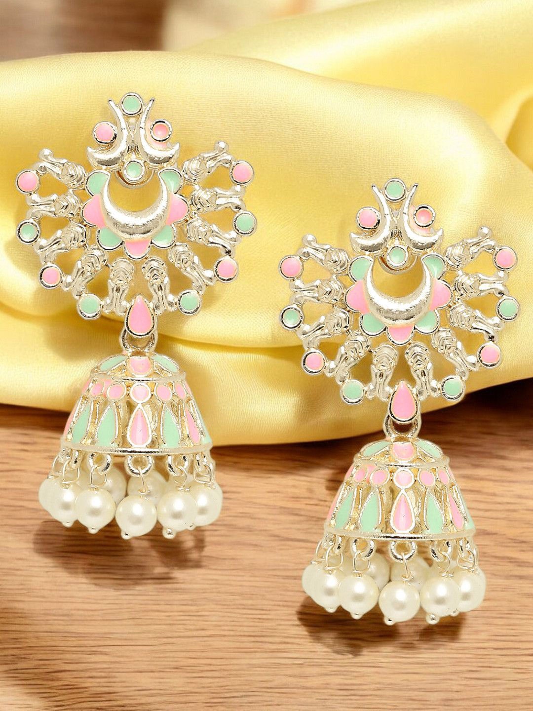 

OOMPH Pearls Beaded Dome Shaped Meenakari Jhumkas, Pink