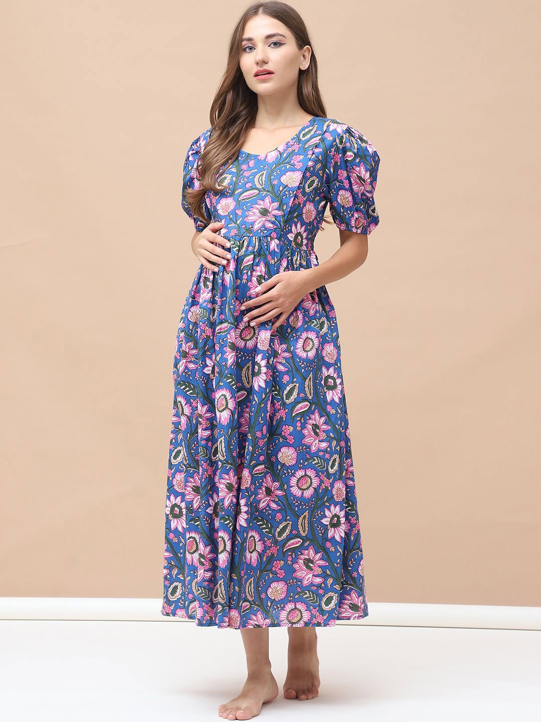 

Secret Wish Women Floral Printed Cotton Maternity Nightdress, Blue