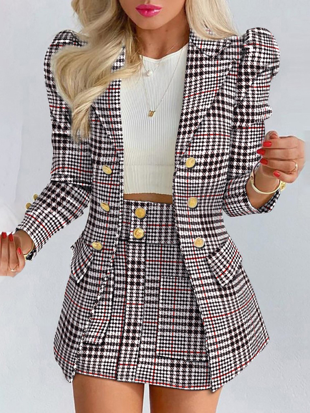 

KPOP Checked Notched Lapel Collar Top With Skirt and Jacket Co-Ords, Black