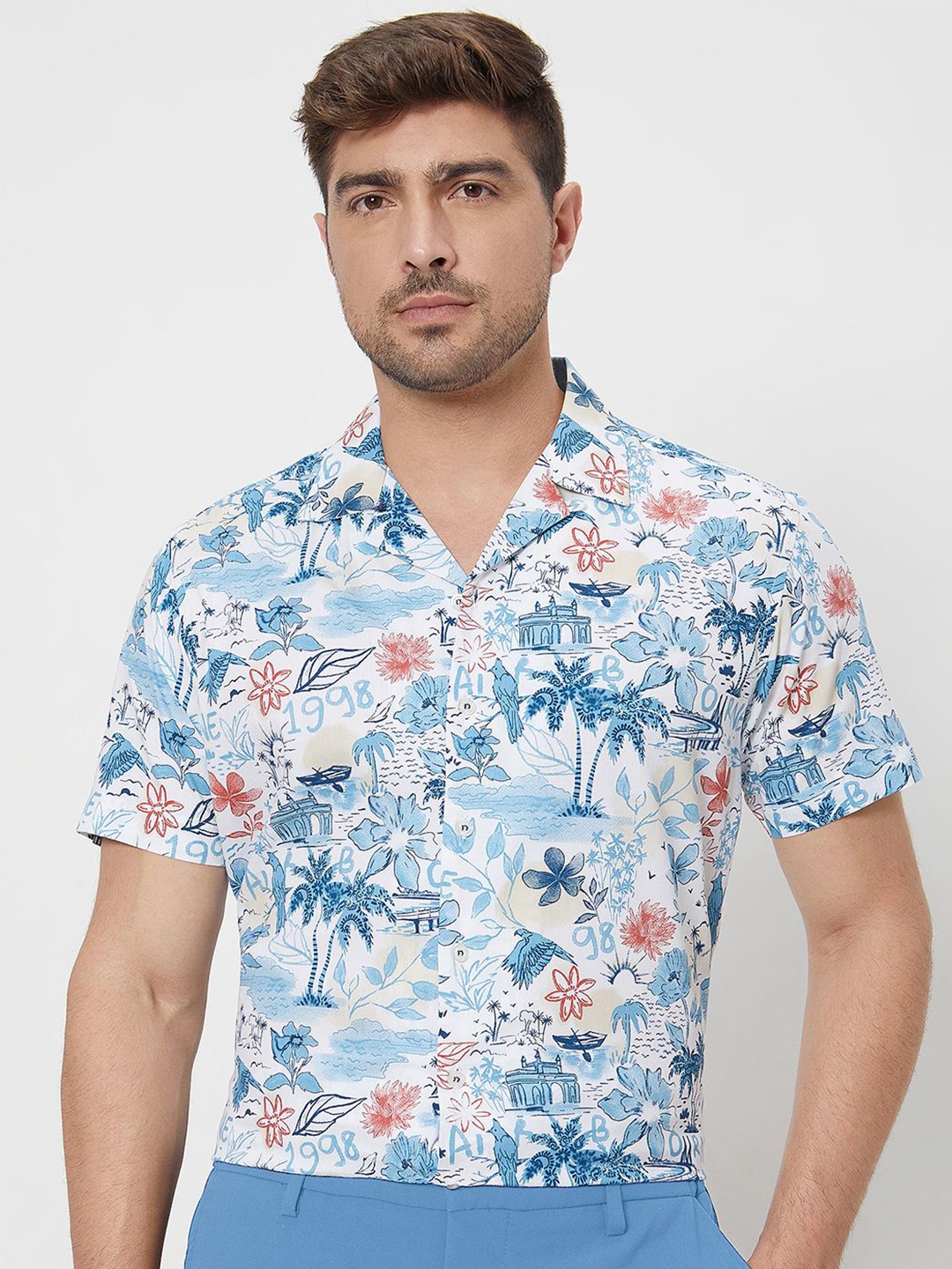 

Mufti Men Cuban Collar Floral Printed Cotton Slim Fit Casual Shirt, Blue