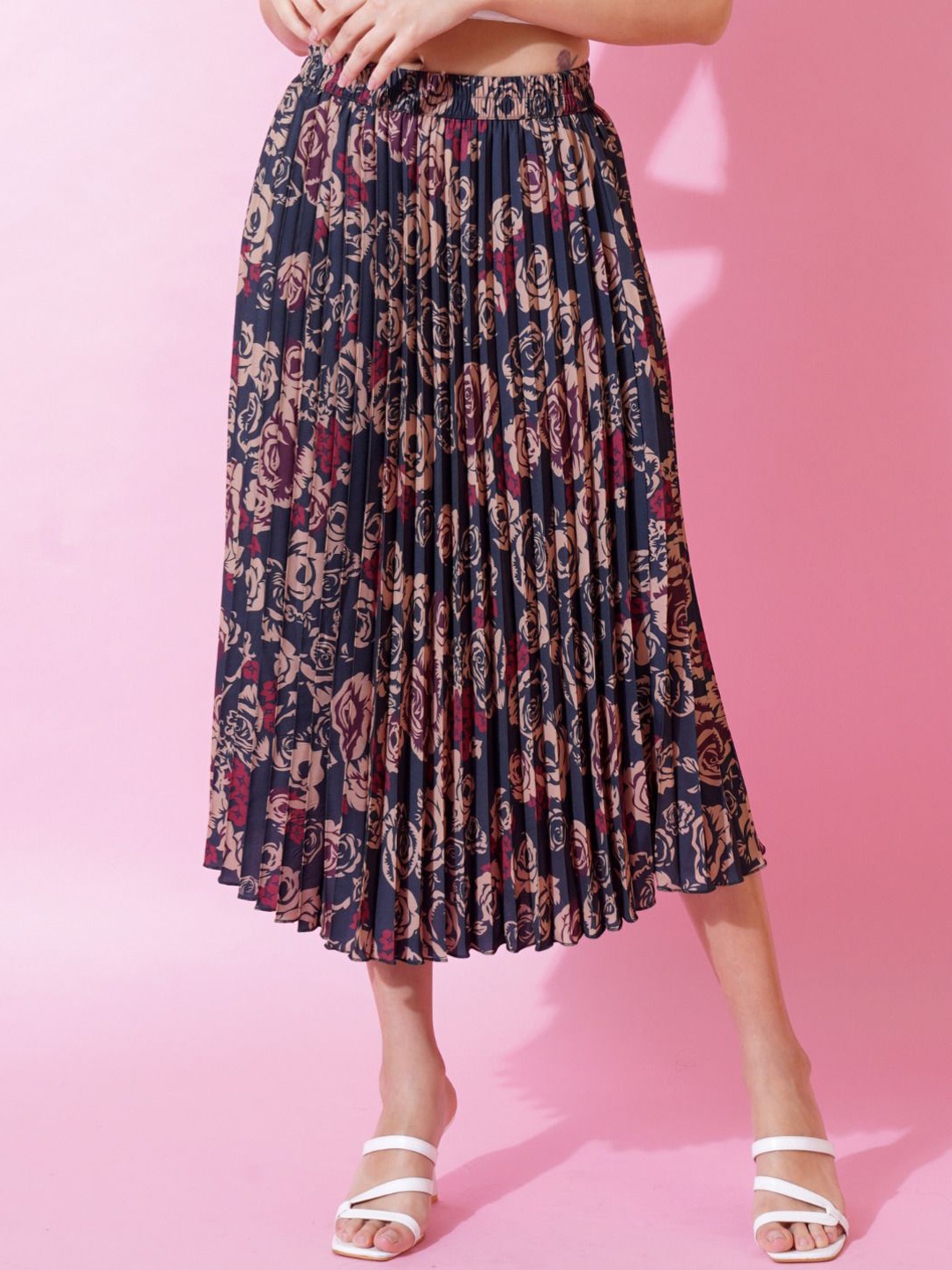 

ZWERLON Women Floral Printed Pleated Midi Skirt, Green