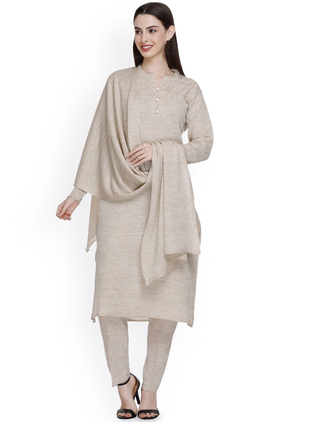

MONTREX Self Design Kurta with Trousers & Dupatta, Beige