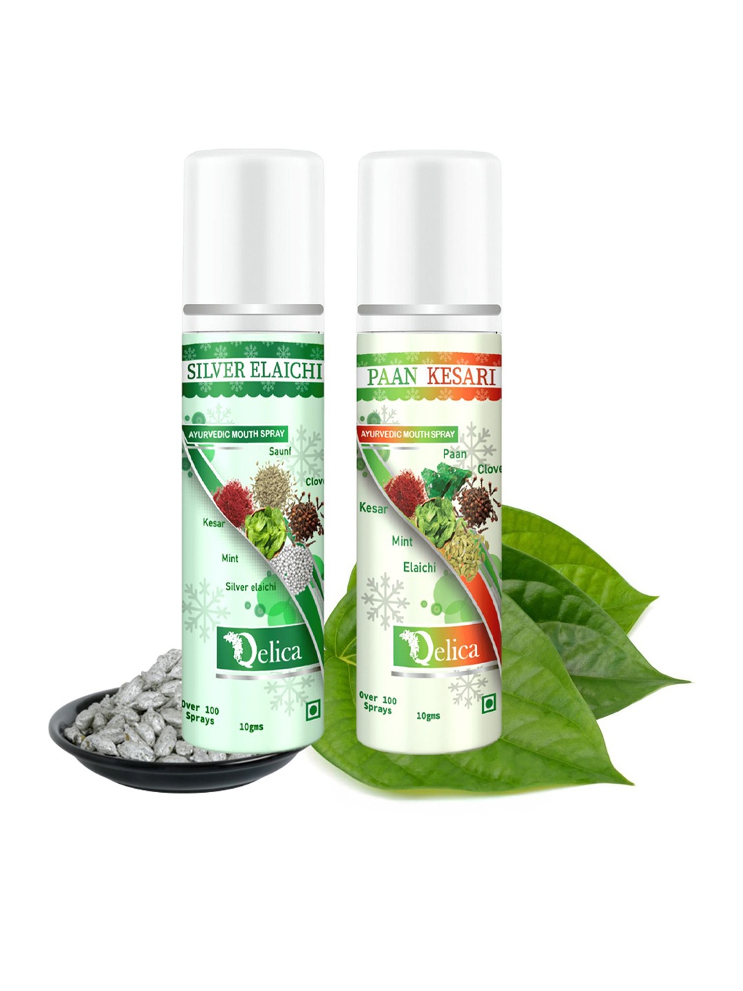 

Qelica Set Of 2 Mouth Freshener Spray 10 g Each - Silver Elaichi & Paan Kesar, Green