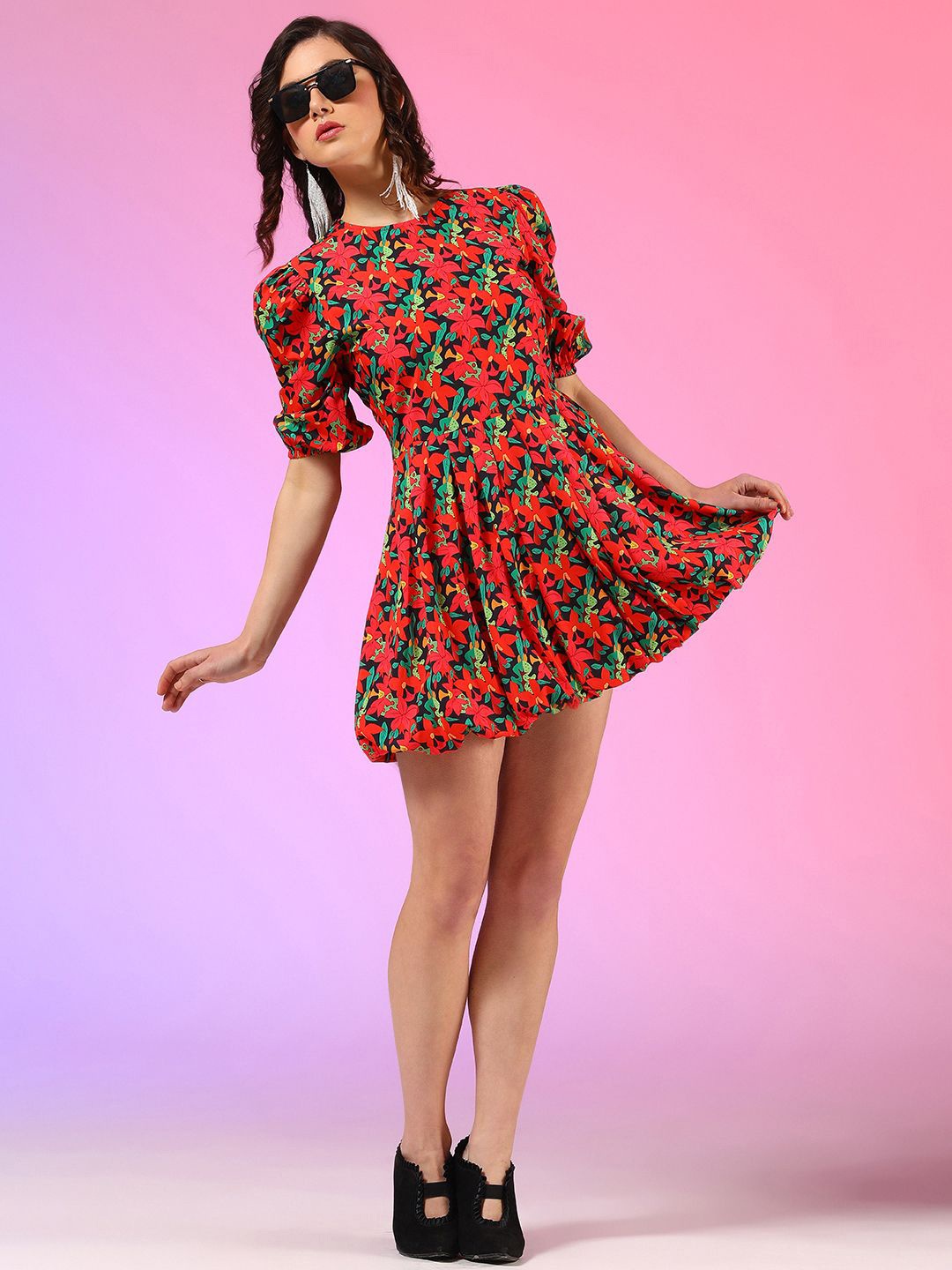 

Kotty Women Printed Puffed Sleeves Fit & Flare Mini Dress, Red
