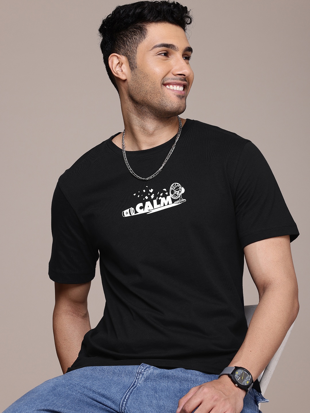 

WROGN Printed Pure Cotton T-shirt, Black