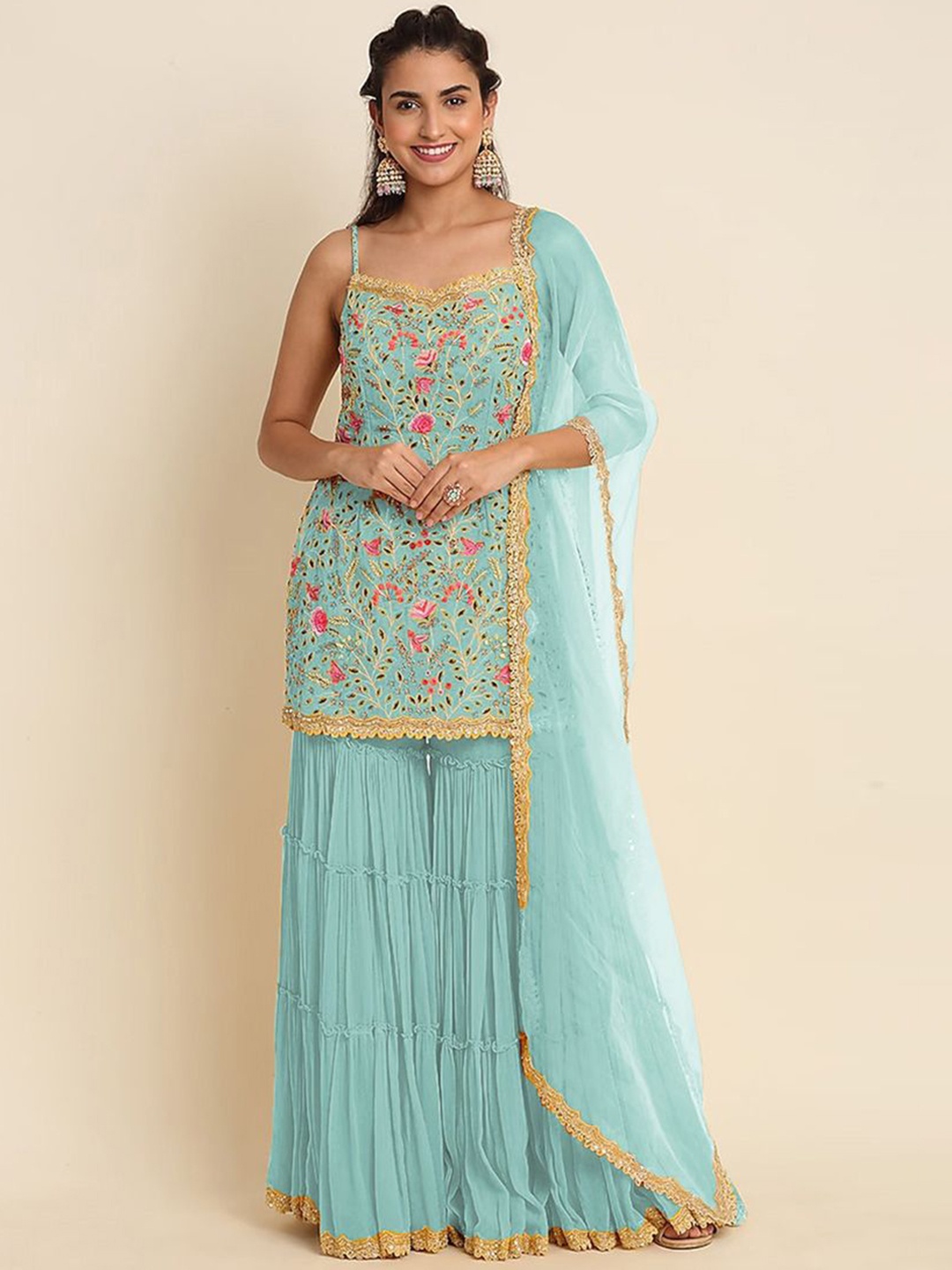 

ASISA Floral Embroidered Sequinned Georgette Semi-Stitched Dress Material, Blue