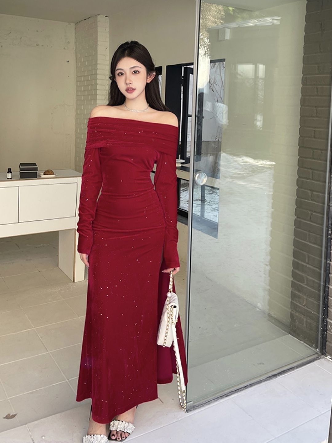 

KPOP Women Off-Shoulder Bodycon Maxi Dress, Burgundy