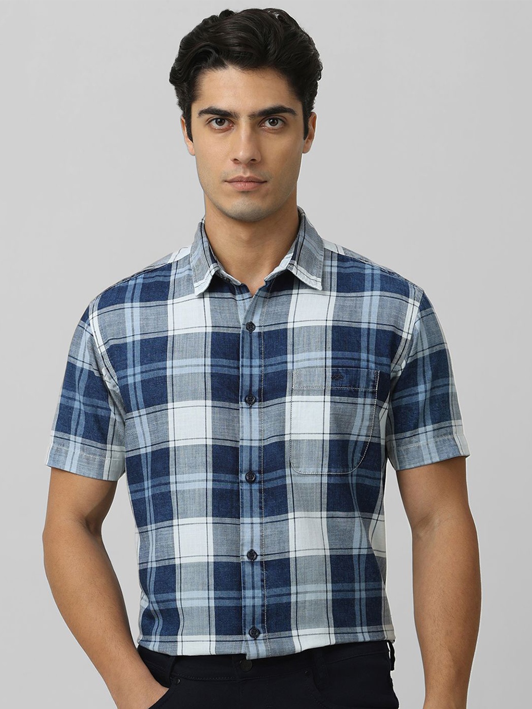 

Mufti Men Spread Collar Checked Cotton Slim Fit Casual Shirt, Blue