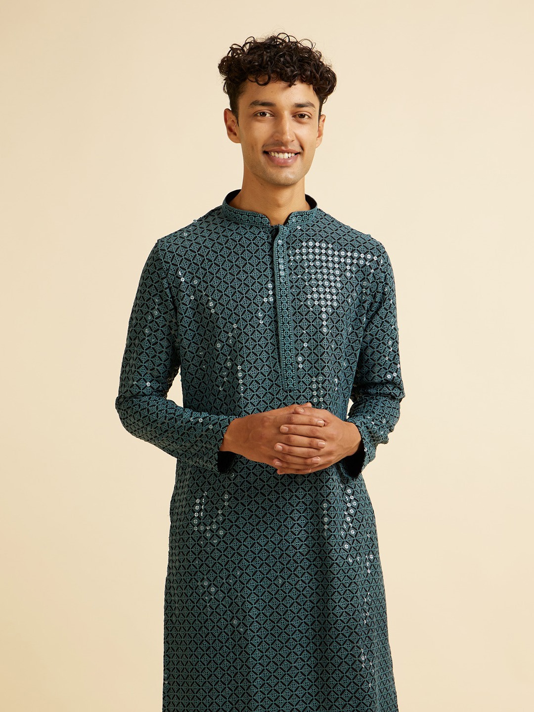 

Manyavar Ethnic Motifs Embroidered Straight Sequinned Kurta with Pyjamas, Teal