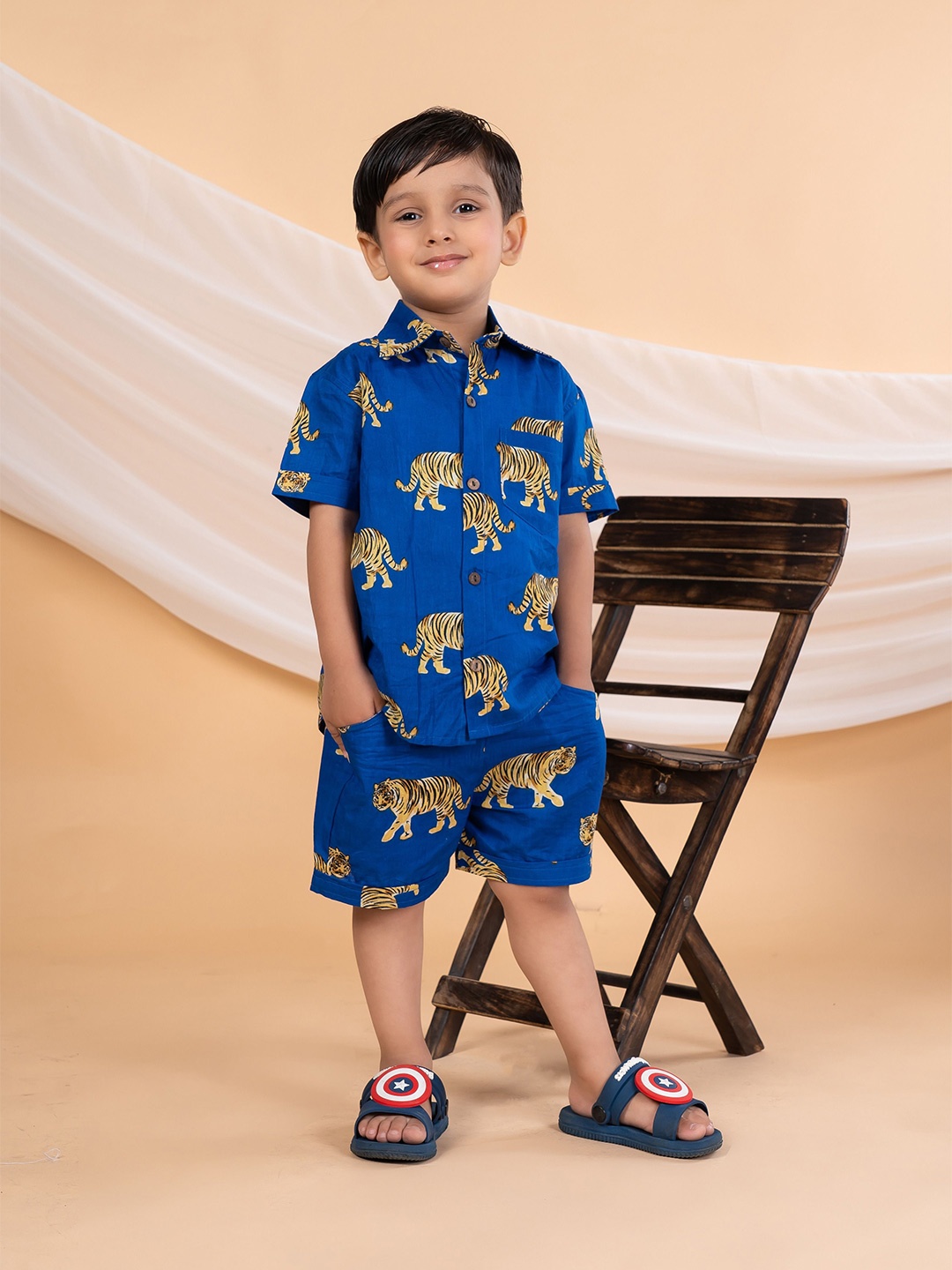 

BEBE UNICORN Boys Animal Printed Shirt Collar Regular Pure Cotton Shirt With Shorts, Blue