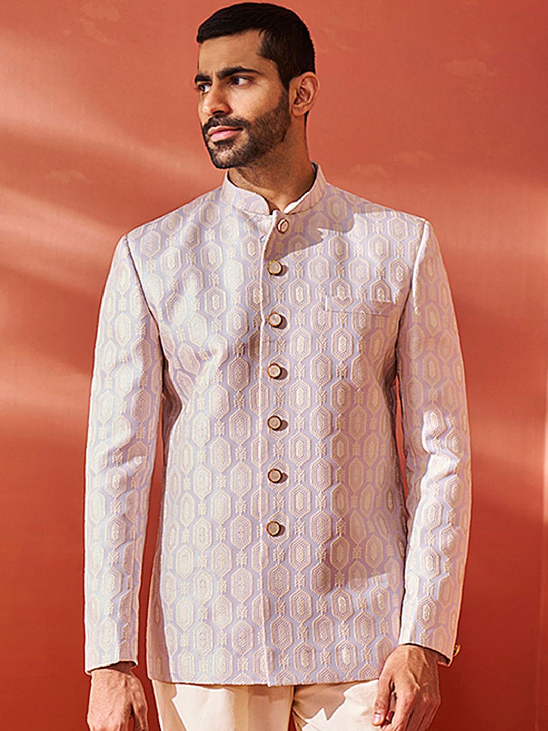 

VASTRAMAY Embroidered Slim Fit Jacquard Bandhgala Blazers, Purple