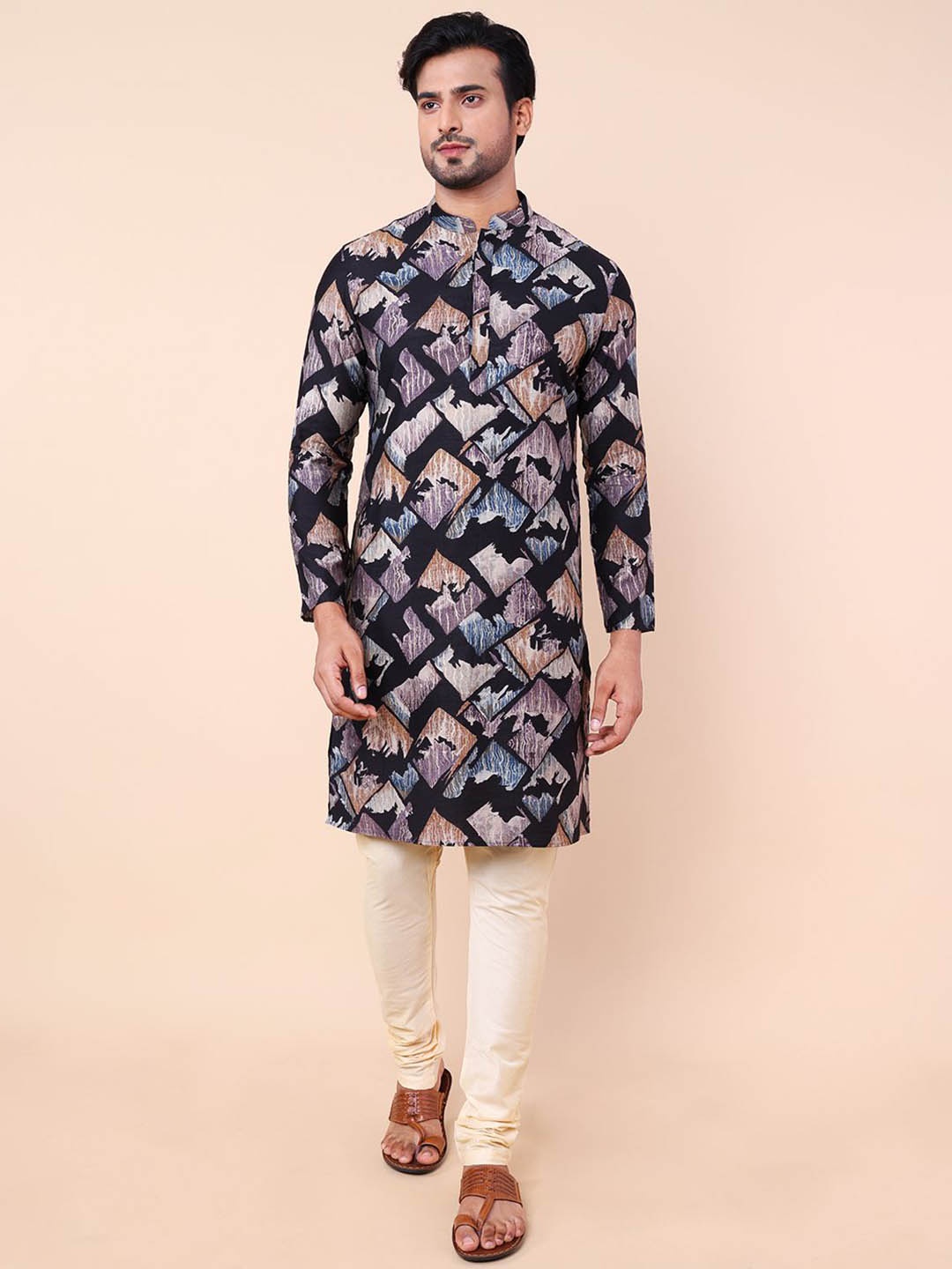 

NAMASKAR Geometric Printed Mandarin Collar Pure Cotton Straight Kurta With Churidar, Black