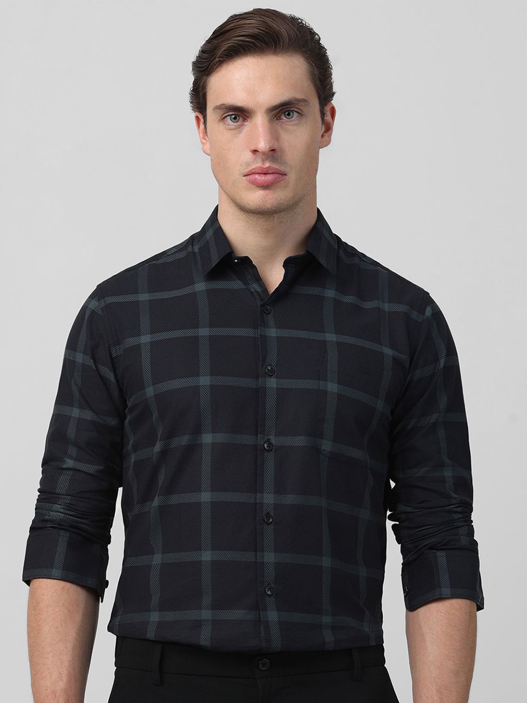 

Mufti Men Spread Collar Windowpane Checked Cotton Slim Fit Casual Shirt, Black