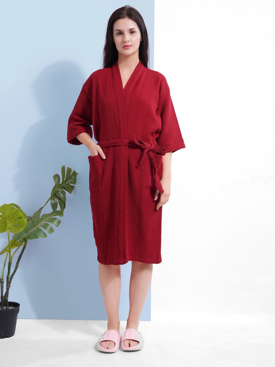 

HotGown Women Textured Cotton Bath Robe, Maroon