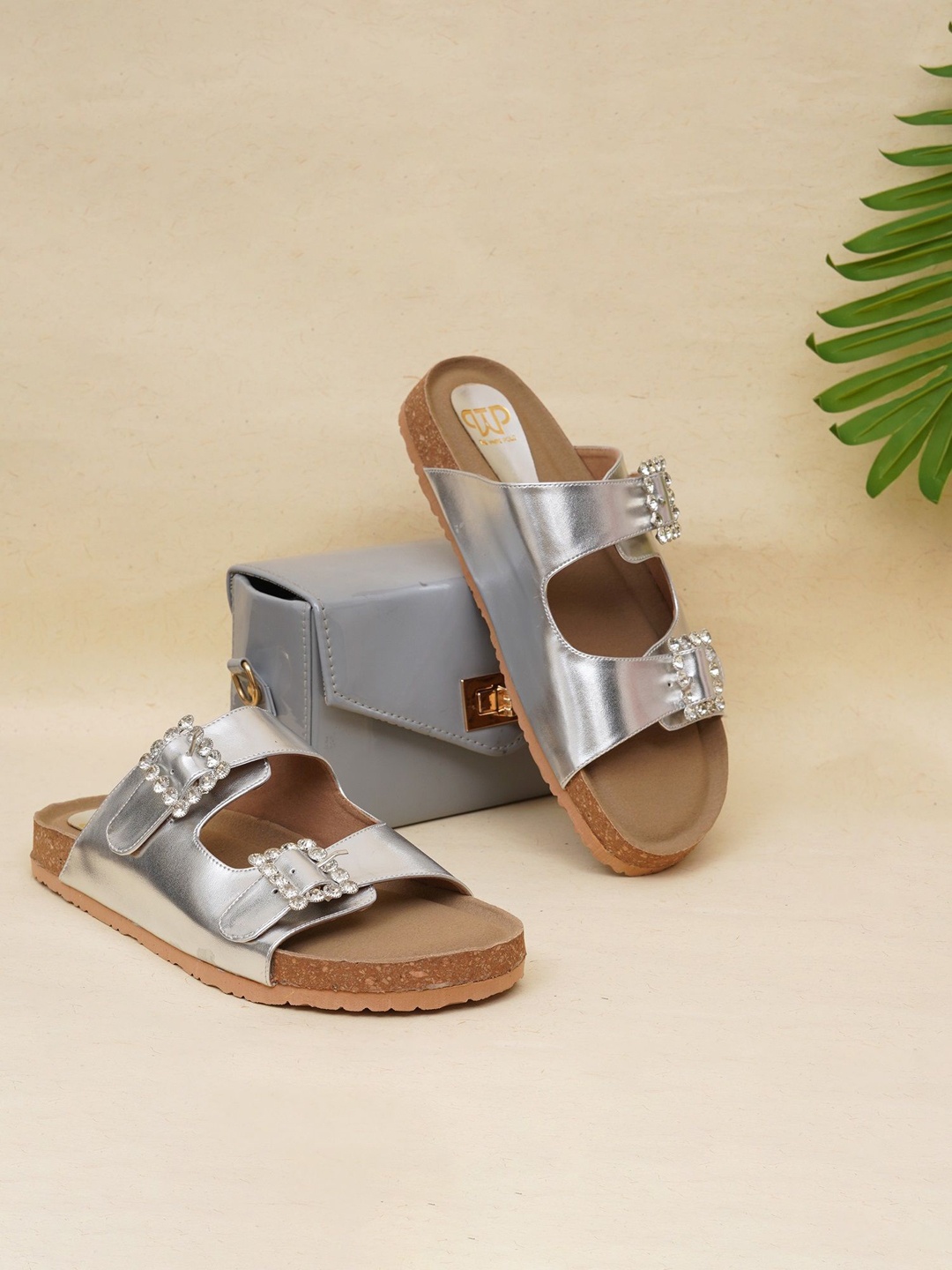 

THE WHITE POLE Women Embellished Open Toe Flats with Buckles, Silver