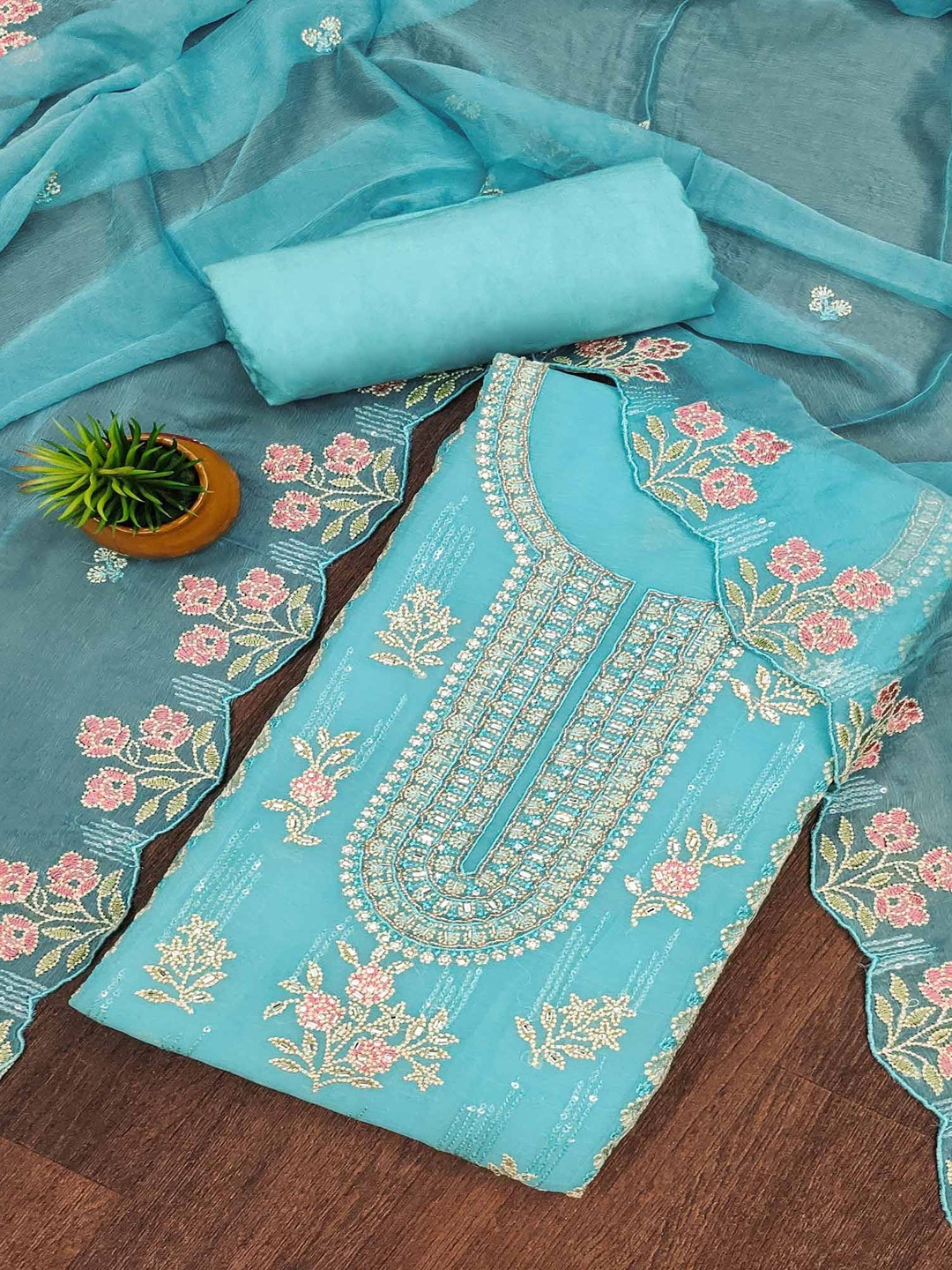 

Peachmode Floral Embroidered Sequinned Silk Chiffon Unstitched Dress Material, Blue