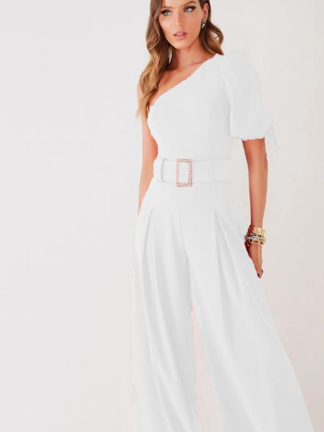 

KPOP Women Solid One Shoulder Long Sleeves Basic Jumpsuit, White