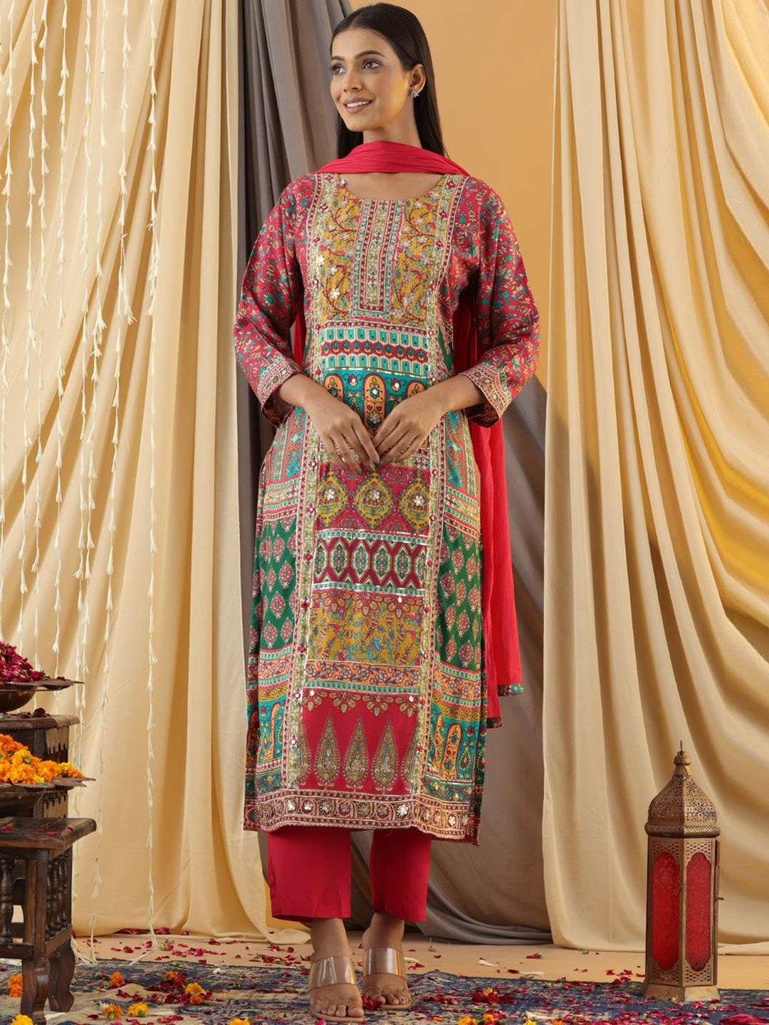 

AUTUMN LANE Ethnic Motifs Embroidered Kurta With Palazzos & Dupatta, Pink