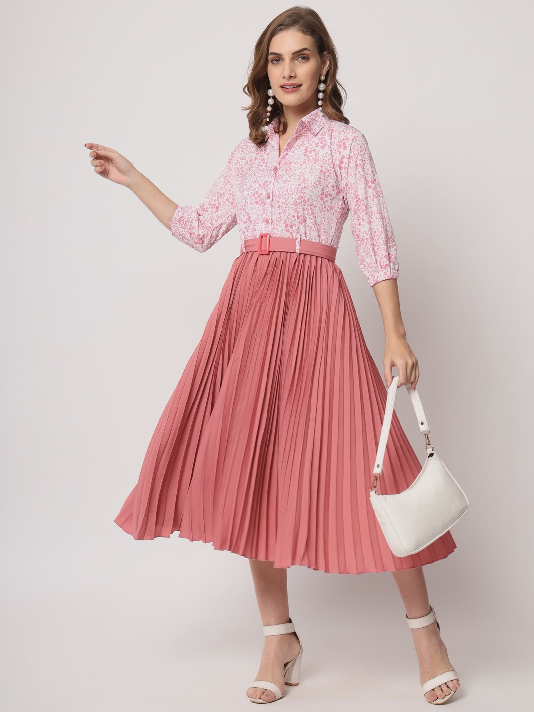 

ZWERLON Women Floral Printed Shirt Collar Accordion Pleats A-Line Dress, Peach