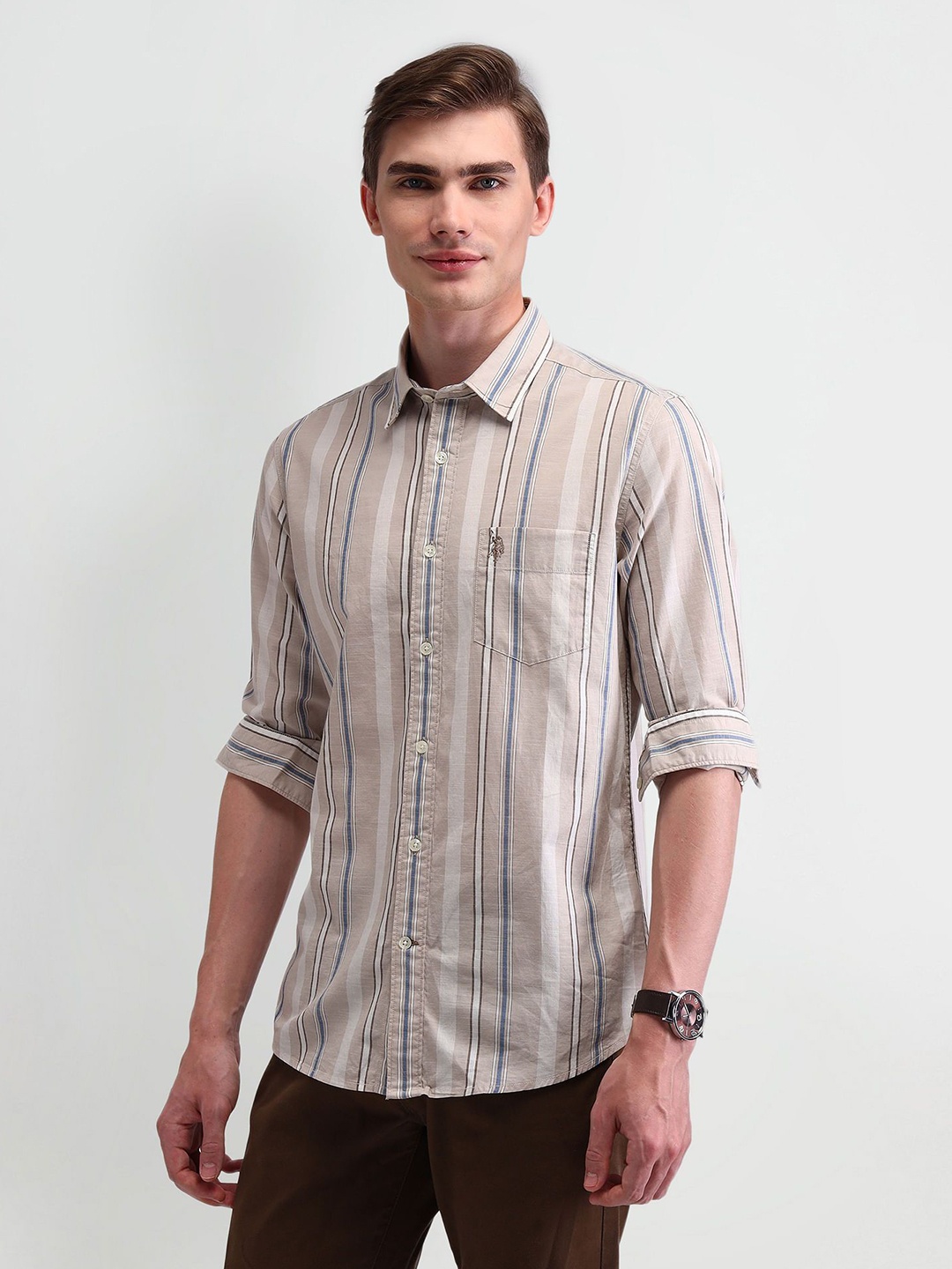 

U.S. Polo Assn. Denim Co. Men Comfort Multi Striped Cotton Slim Fit Casual Shirt, Khaki