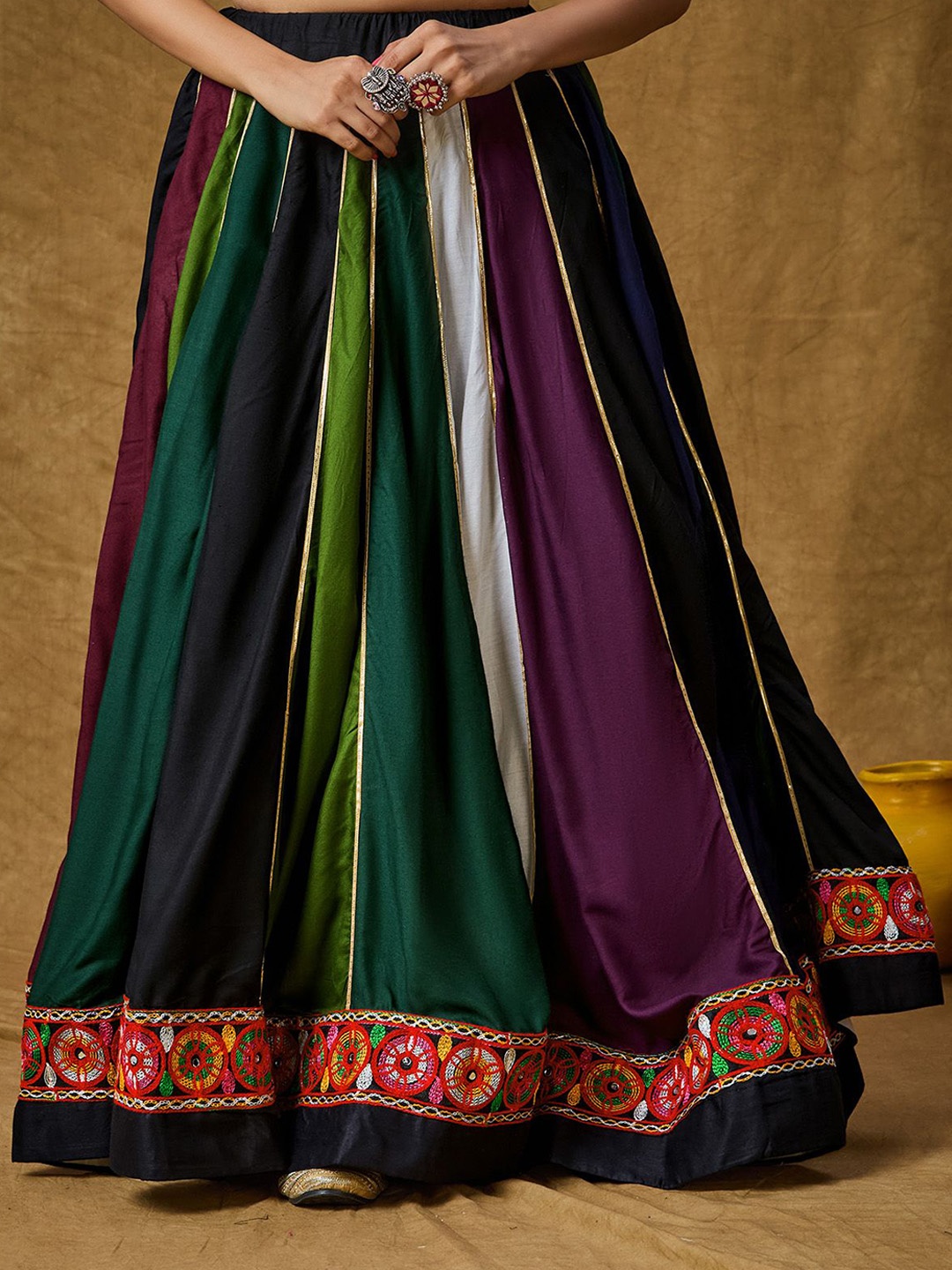 

SALWAR STUDIO Embroidered Colourblocked Flared Maxi Skirts, Green