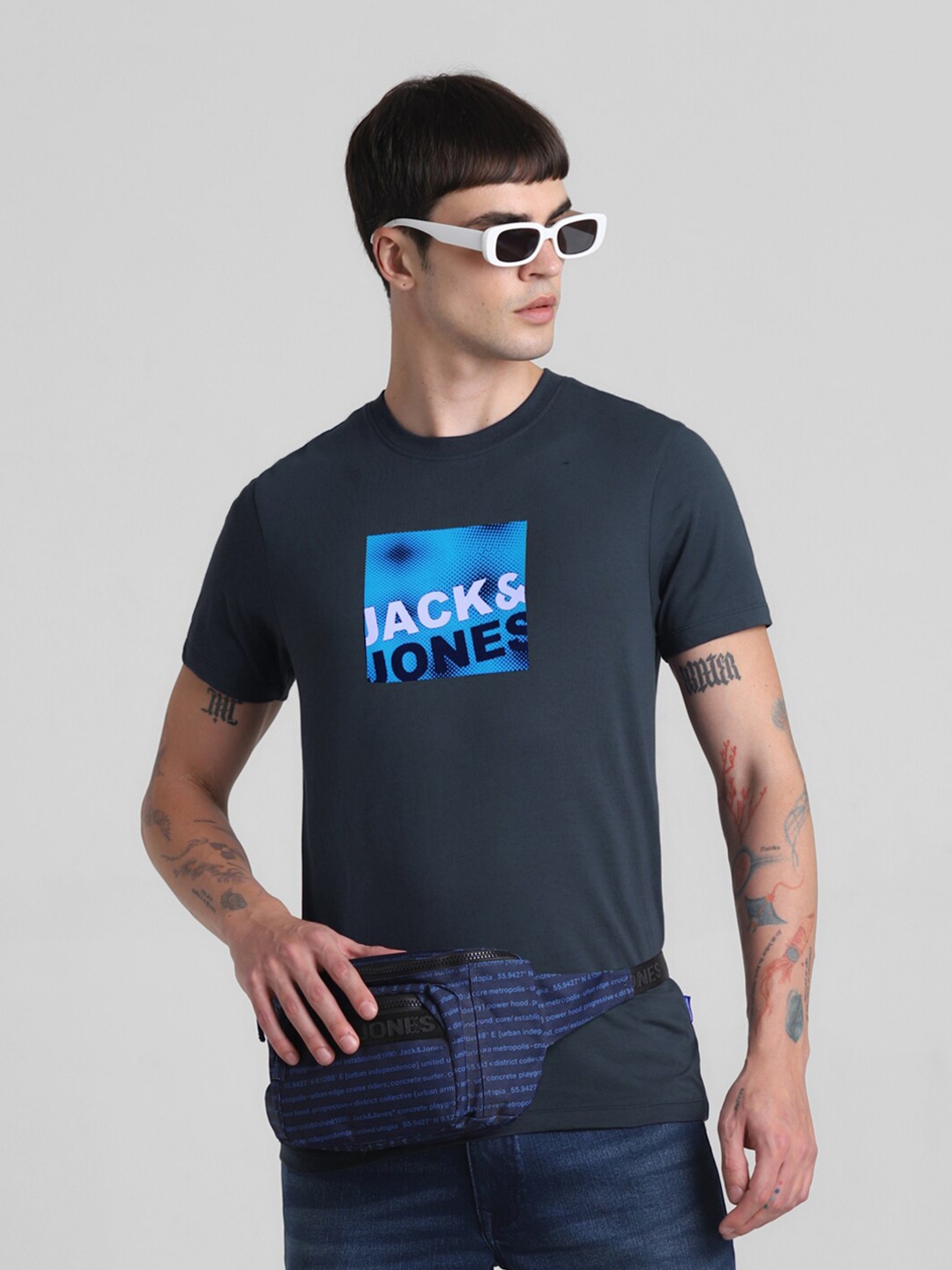 

Jack & Jones Typography Printed Slim Fit Round Neck Cotton T-shirt, Navy blue