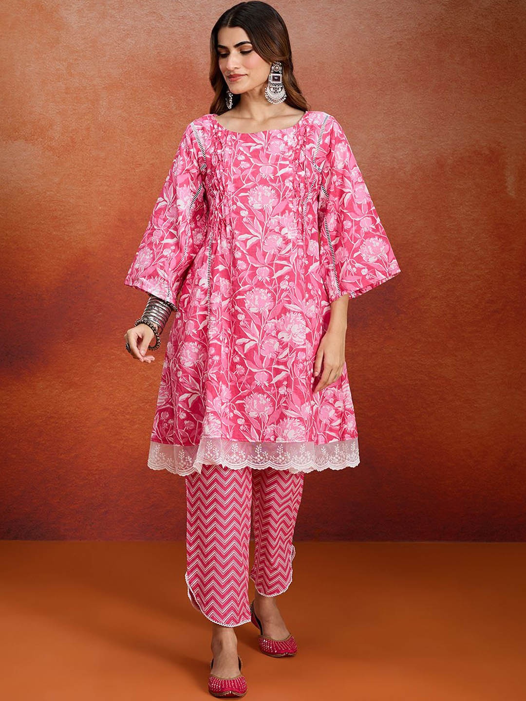 

Likha Floral Printed Pleated Thread Work Pure Cotton Kurta with Trousers, Pink