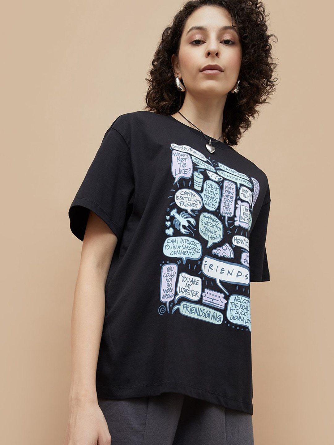 

Ginger by Lifestyle Women Friends Printed Pockets T-shirt, Black