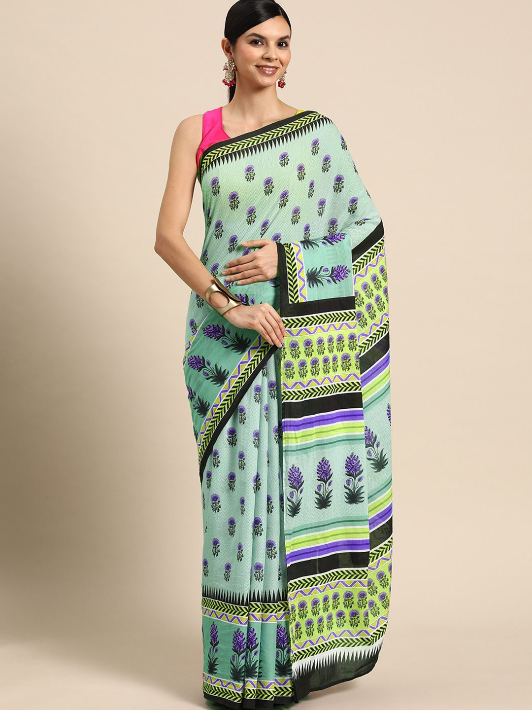 

BUTA BUTI Floral Pure Cotton Saree, Green