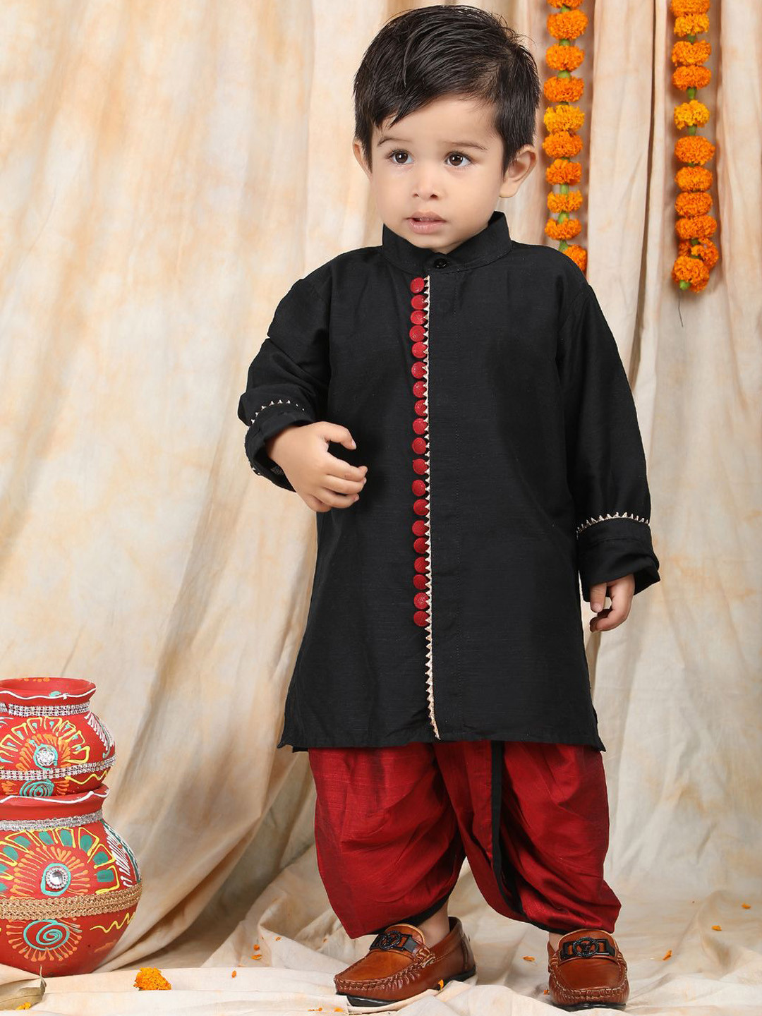 

Polka Tots Boys Gotta Patti Pure Cotton Kurta with Dhoti Pants, Black