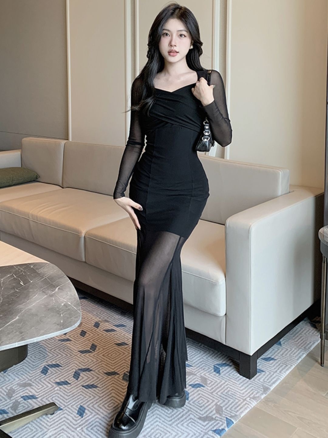

KPOP Women Solid Bodycon Maxi Dress, Black