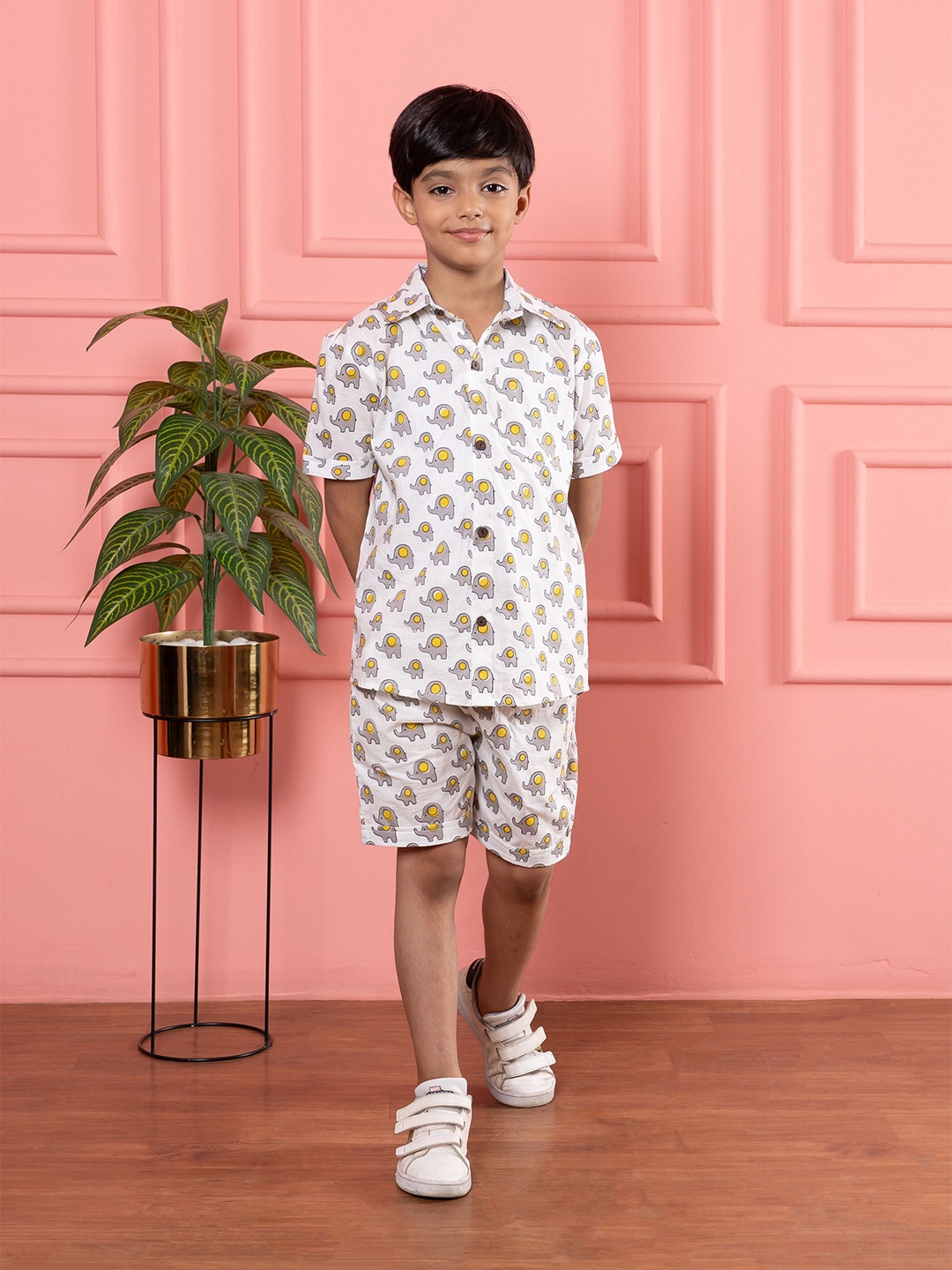 

BEBE UNICORN Boys Printed Short Sleeves Pure Cotton Shirt with Shorts, Grey