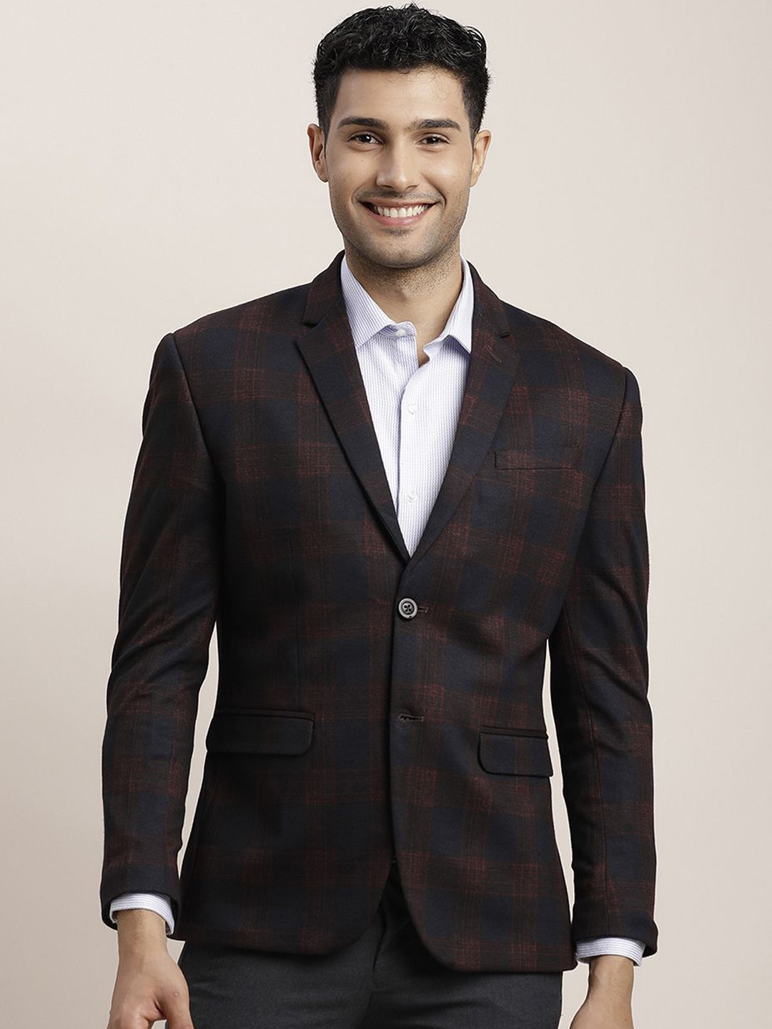 

Turtle Checkered Single-Breasted Formal Blazer, Brown