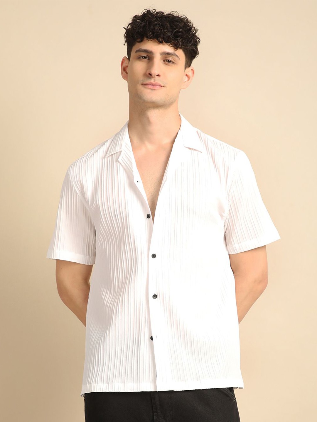 

Voroxy Men Smart Cuban Collar Vertical Striped Polycotton Casual Shirt, White