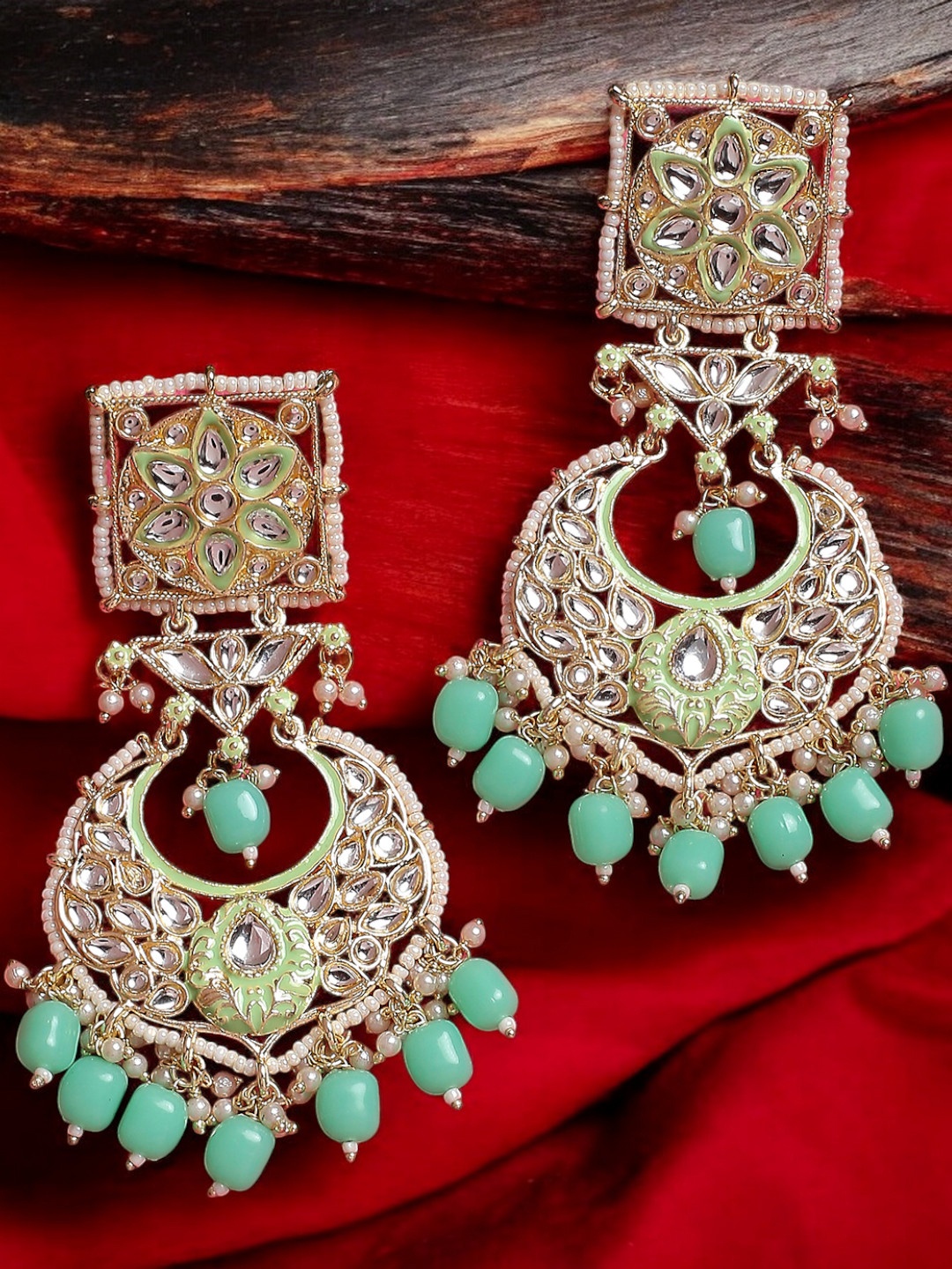 

OOMPH Floral Kundan & Pearls Jhumkas, Gold
