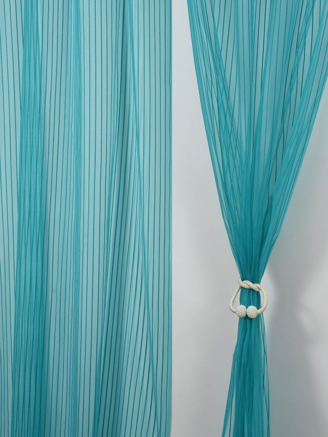 

Aura Turquoise Blue Set of 2 Striped Sheer Window Curtain