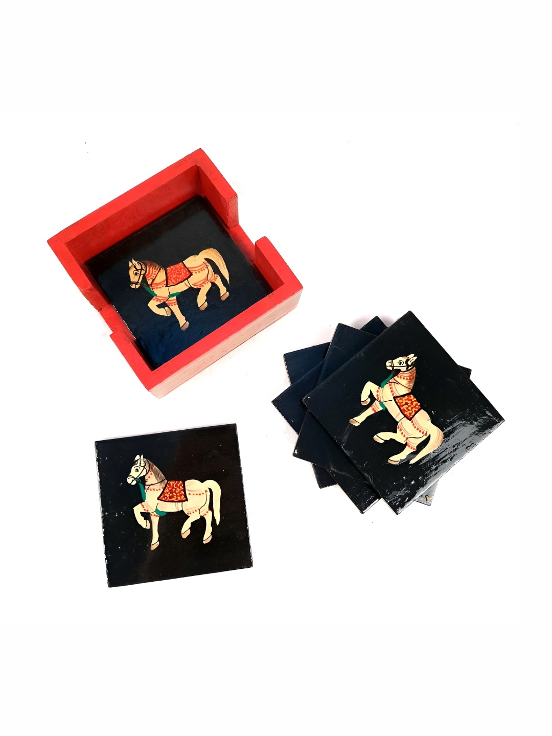 

apka mart 6-Pcs Black & Red Printed Wooden Coasters With Stand