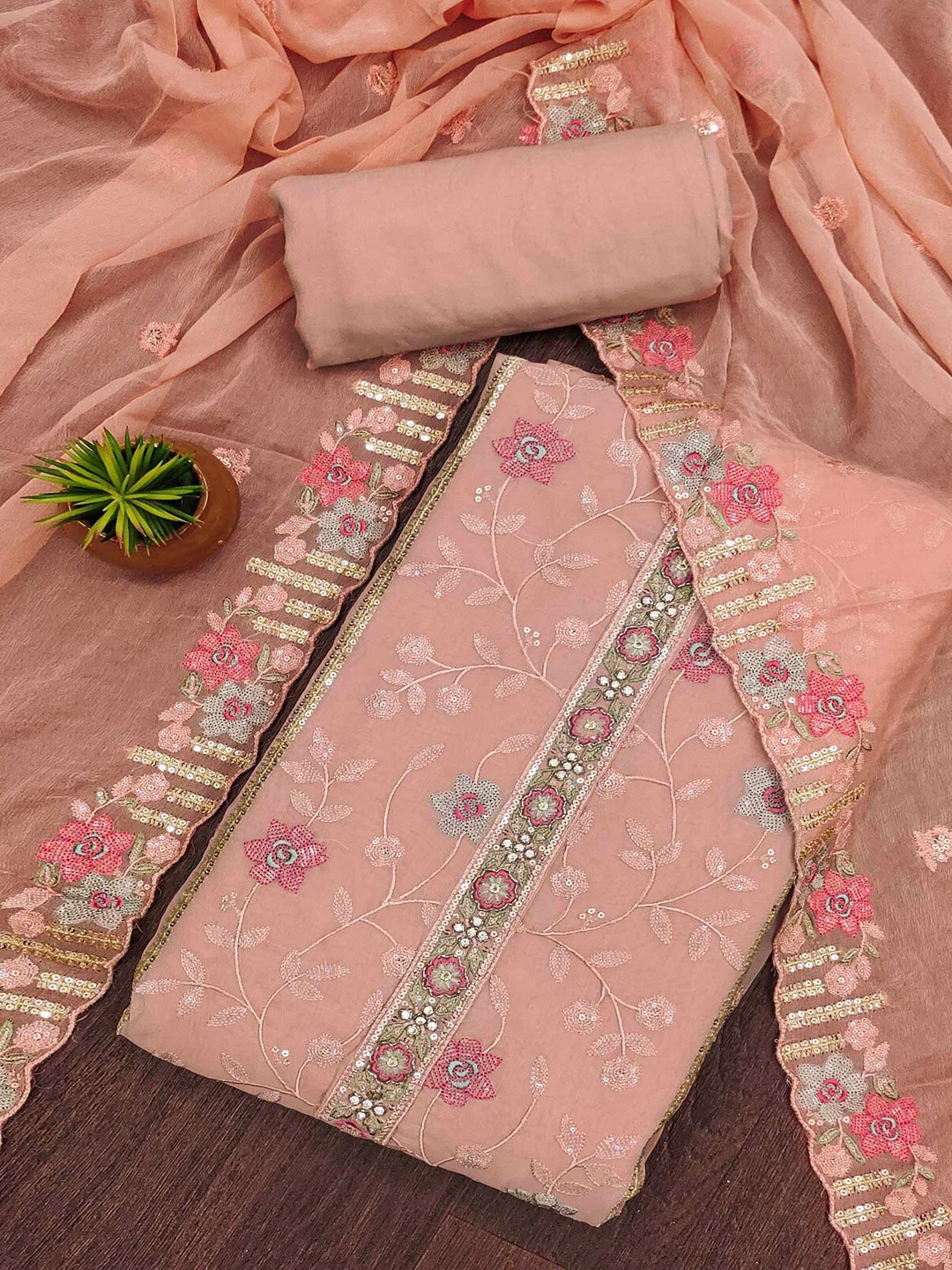 

Peachmode Embroidered Organza Unstitched Dress Material, Peach