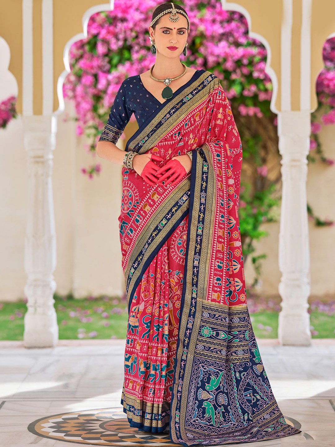 

Anouk Warli Printed Zari Silk Blend Patola Saree, Pink