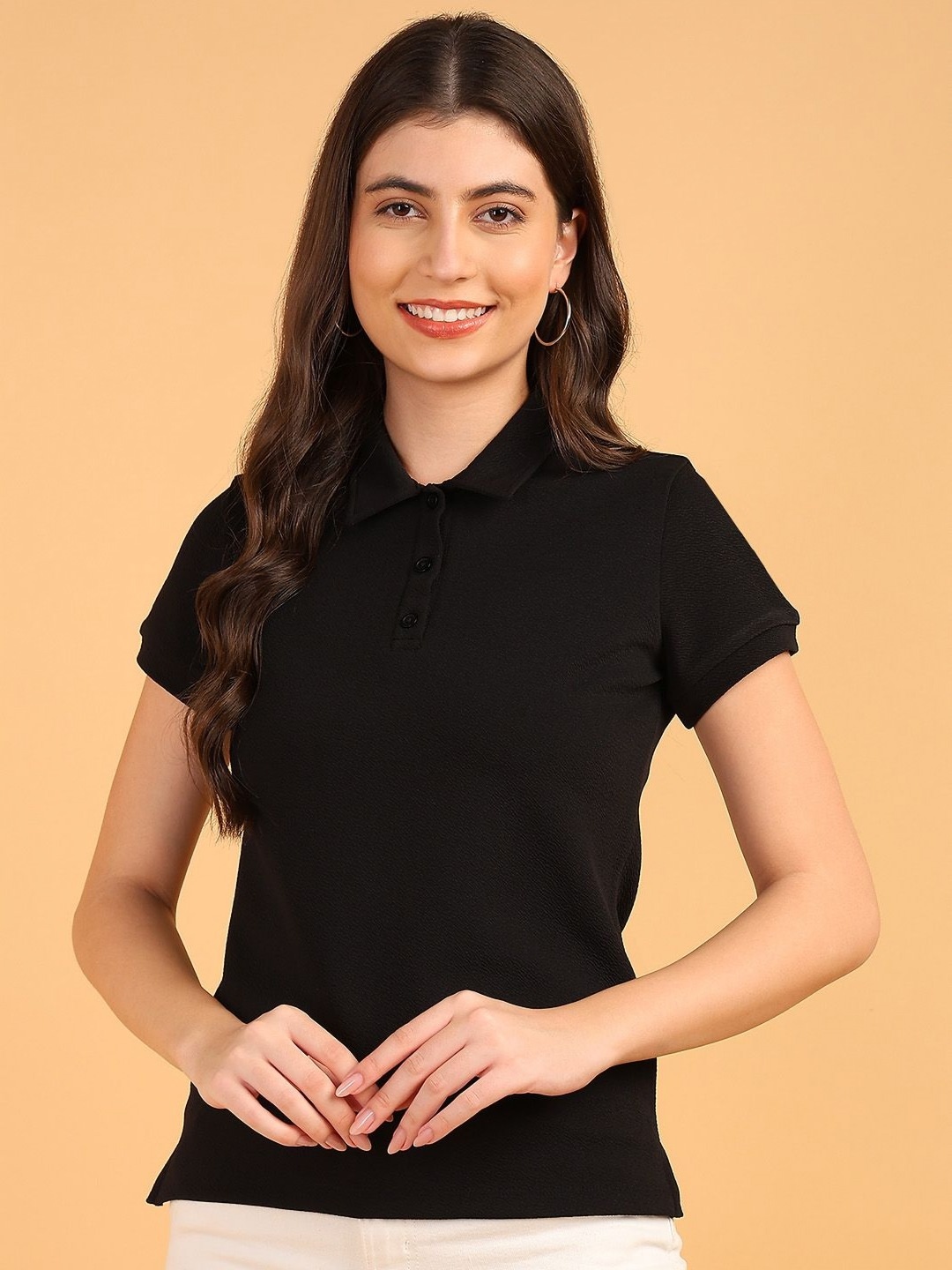 

SAFFE Women Polo Collar Extended Sleeves Cut Outs Slim Fit T-shirt, Black
