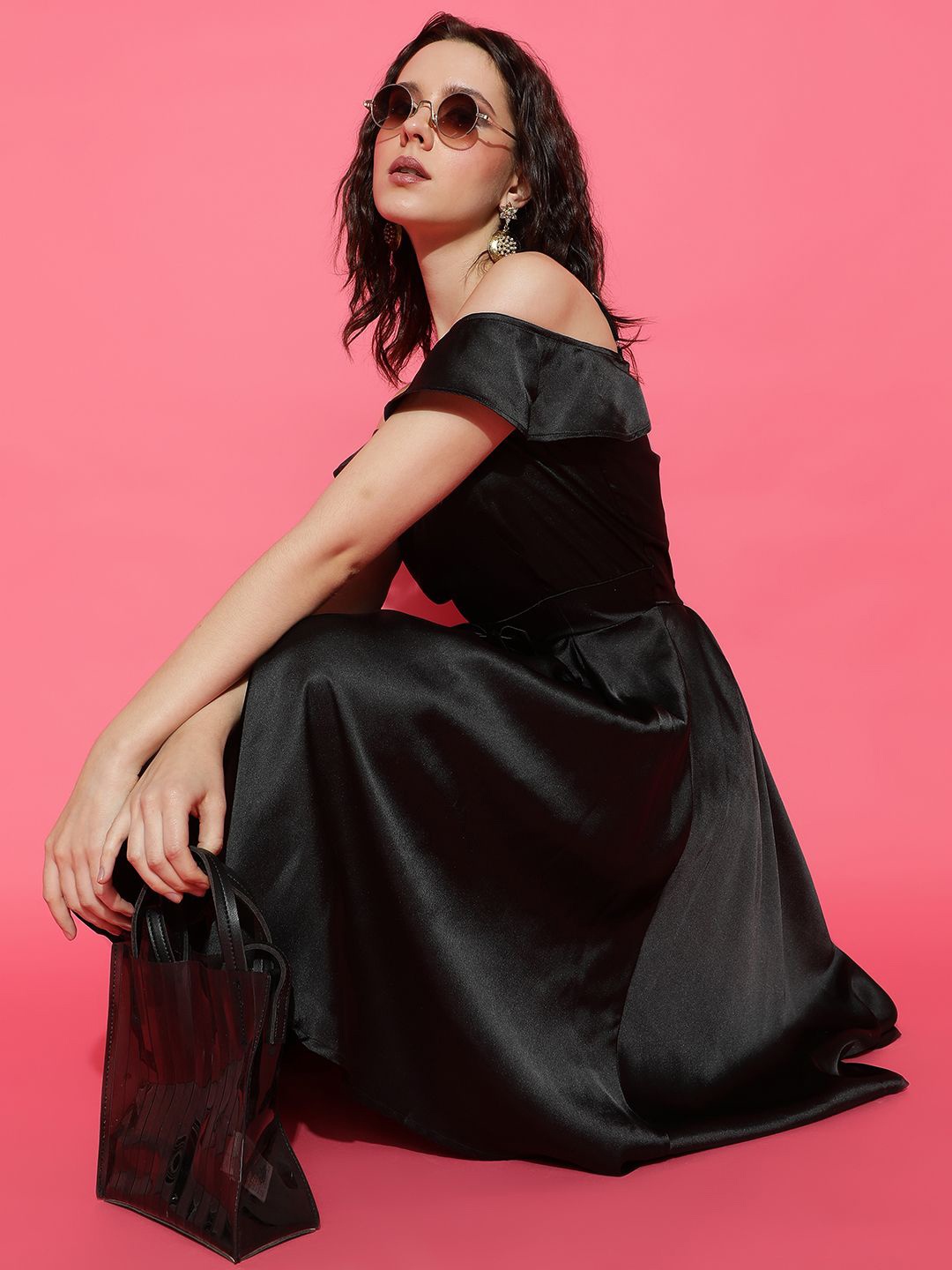 

Kotty Women Satin Fit & Flare Shoulder Straps Dress, Black