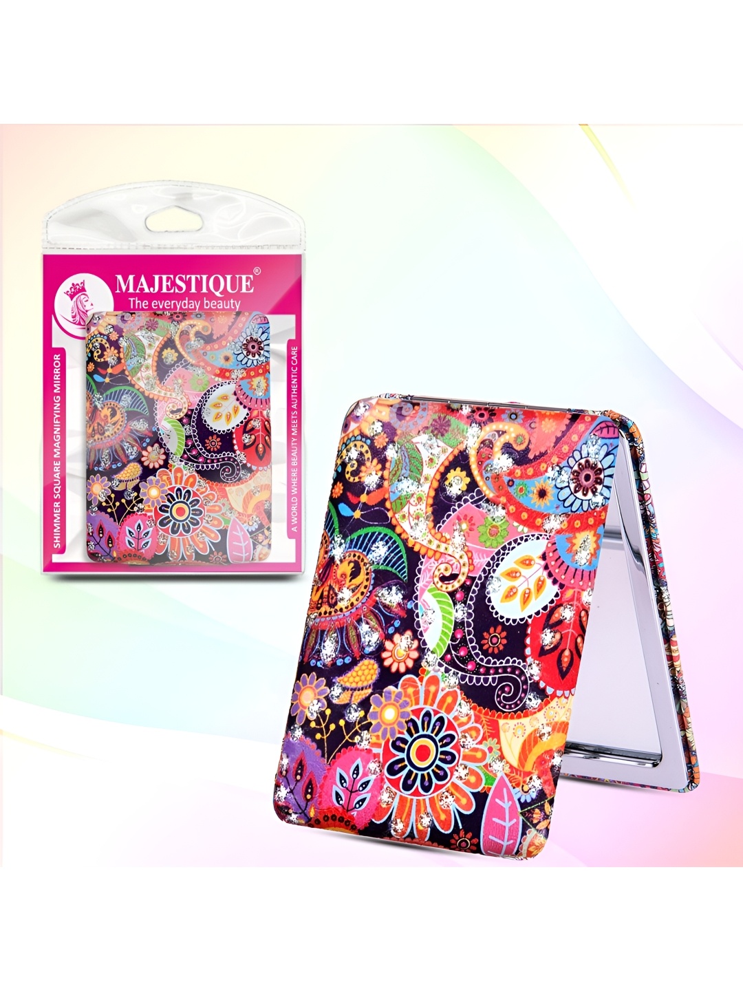 

MAJESTIQUE Black & Orange Printed Double Sided Makeup Mirror, Pink
