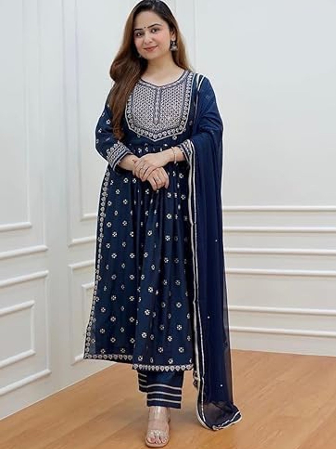 

KALINI Floral Printed Kurta With Trousers & Dupatta, Blue