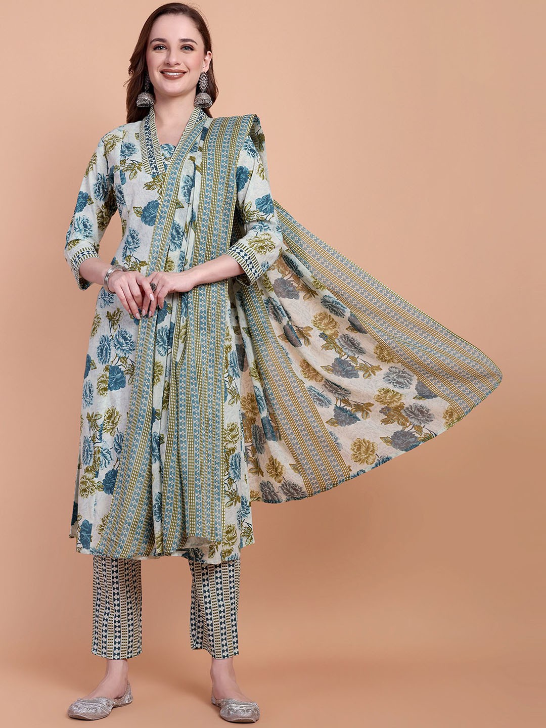 

Atha Fashion Floral Printed Pure Cotton A-Line Kurta With Trouser & Dupatta, White