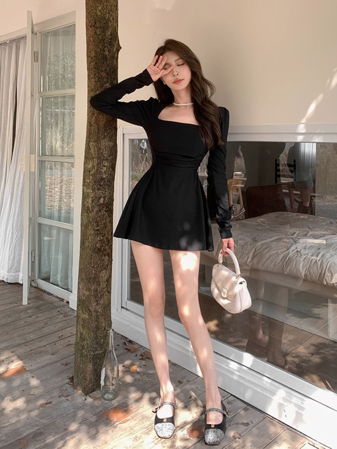 

KPOP Women Solid Long Sleeves A-Line Dress, Black