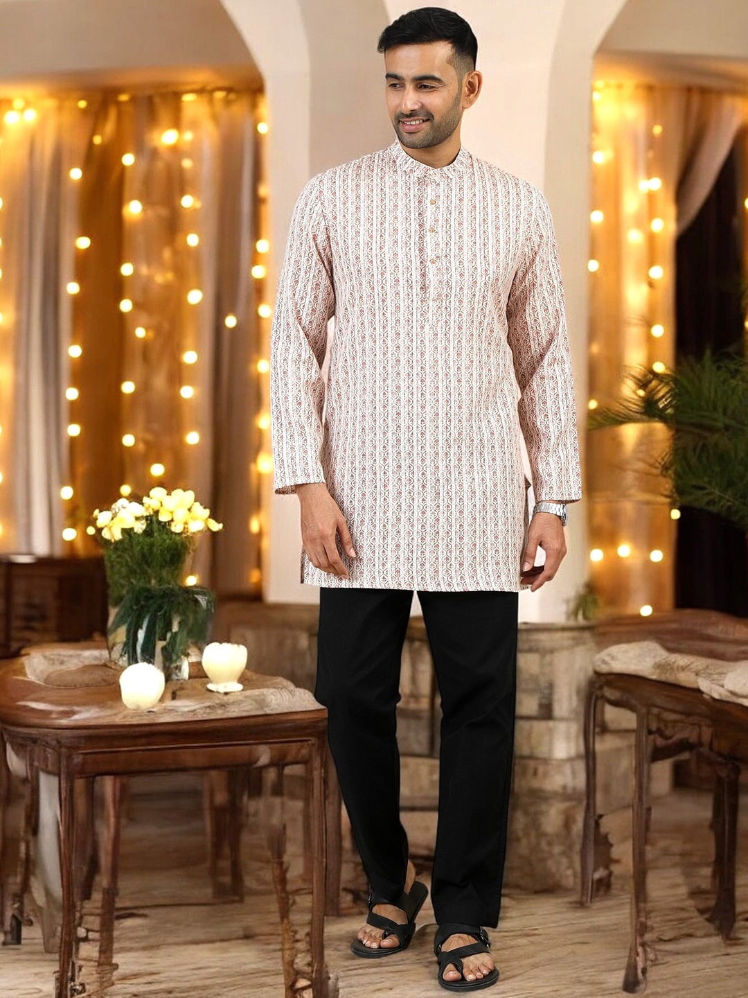 

TATTVA Geometric Printed Mandarin Collar Pure Cotton Short Kurta, Brown