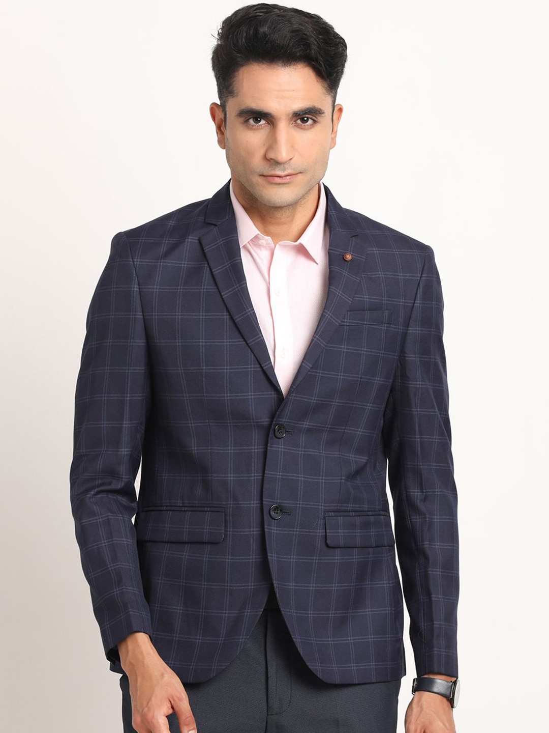 

Turtle Checked Single-Breasted Formal Blazer, Navy blue