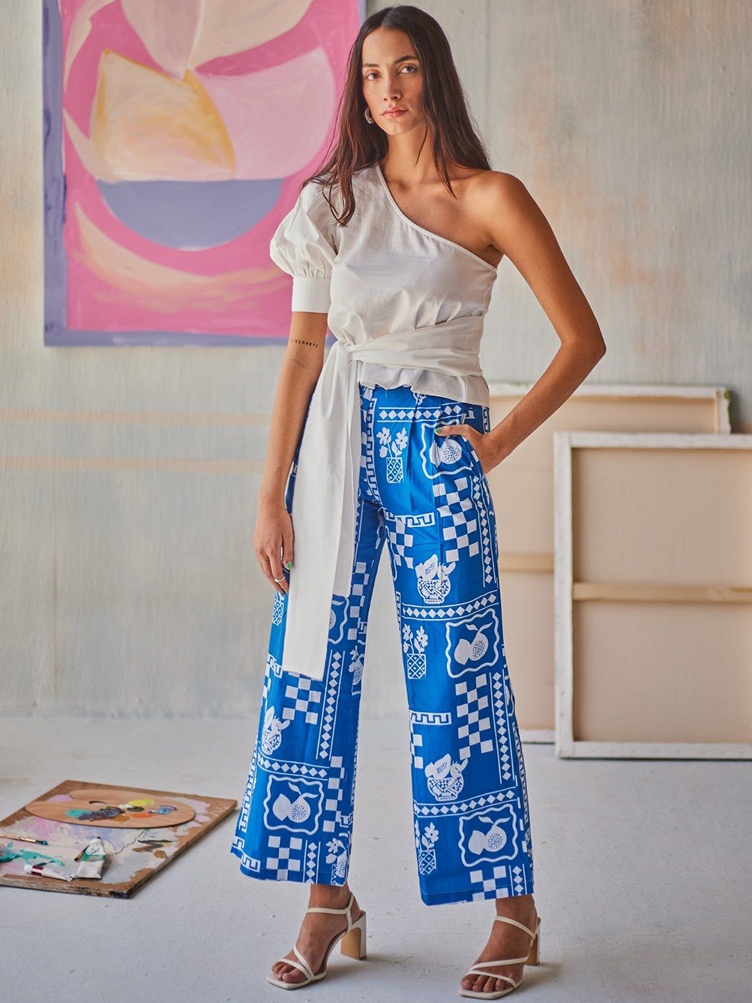 

Sage by Mala Printed One Shoulder Pure Cotton Top & Trouser, White